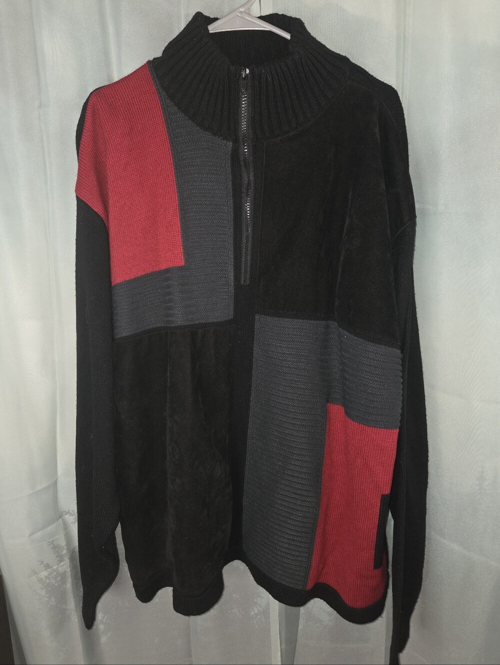 Vigola Uomo Men's Black and Red Quarter-Zip Patchwork Sweater